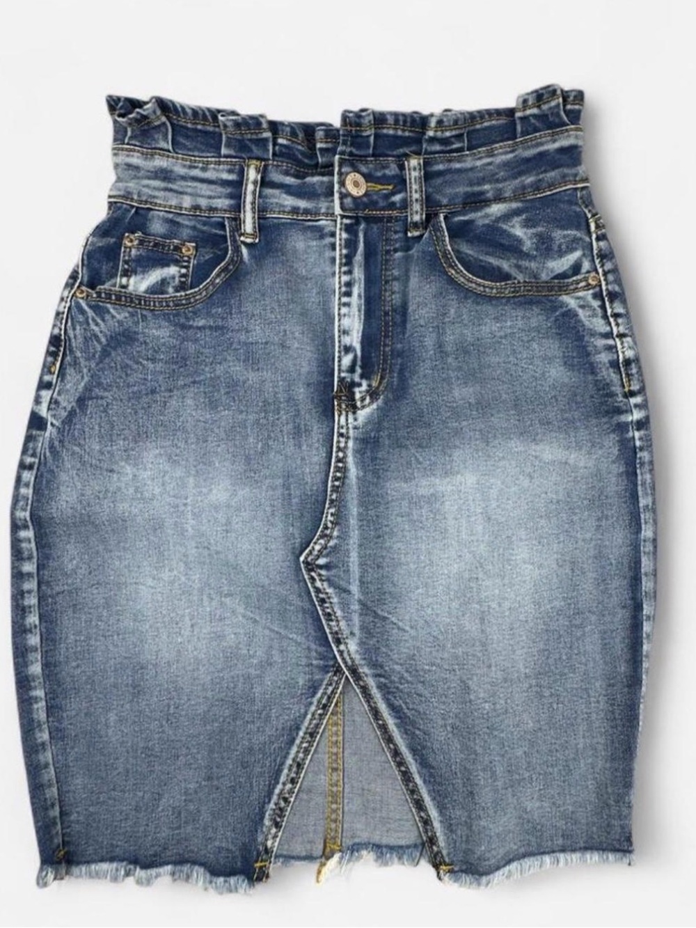 Y2K Acid Wash Denim Midi Skirt Paperbag Waist Front Slit Small